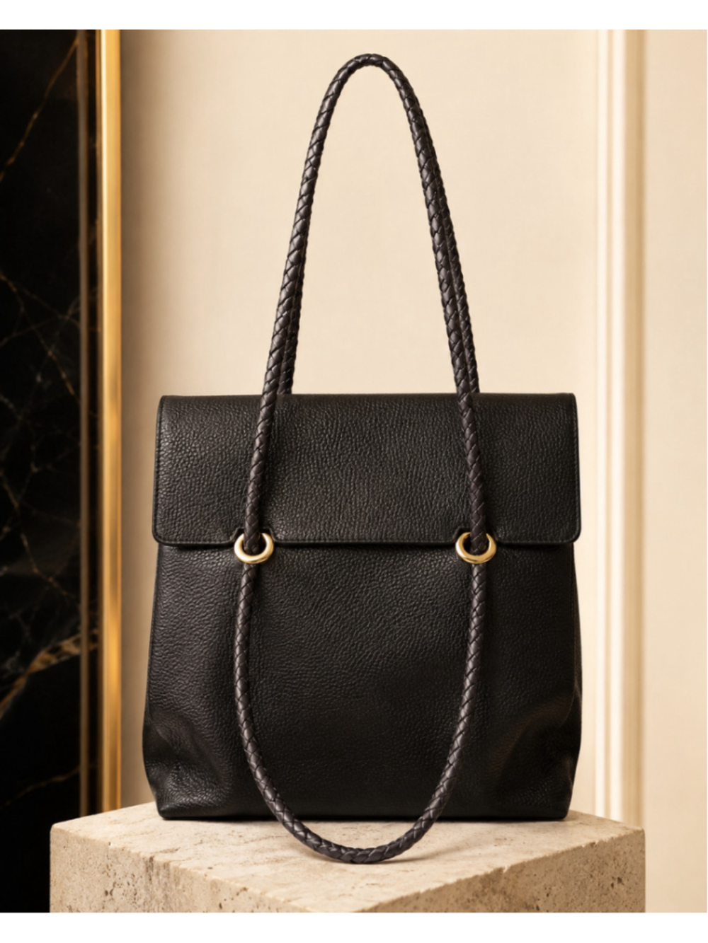 A. Testoni Black Leather Braided-Handle Tote Bag Made in Italy